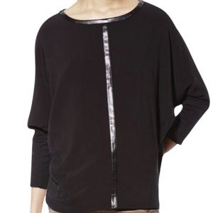 Zara Black Three Quarter Sleeve Round Neck Top With Leather Trim Detail